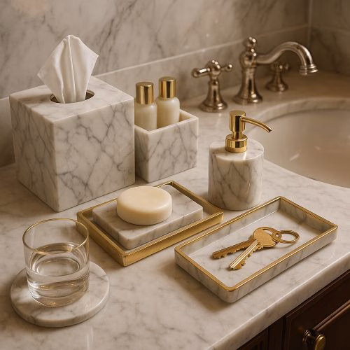 Luxury marble amenity tray designed for hotel guest rooms and spa environments.