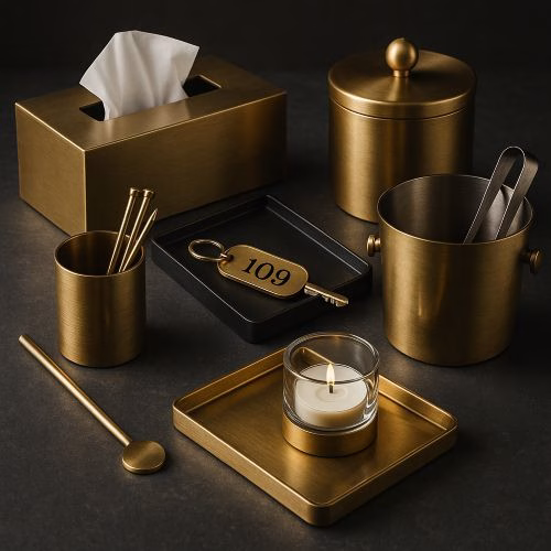 Brushed brass finish on a custom hotel amenity tray designed for luxury hospitality interiors.