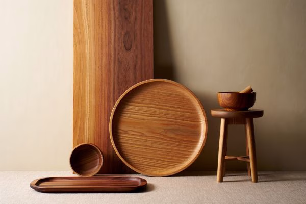 Custom wood accessories like valet trays and signage installed in a luxury hotel suite, blending seamlessly with the room’s interior design.