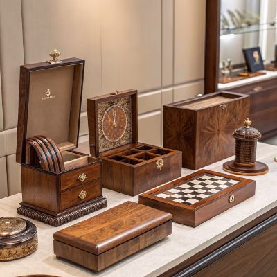 Elegant wooden desk organizer with branded stationery, pen slots, and card compartments by Artos Wood.